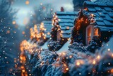 Enchanted Winter Evening: Snowy Roofs & Twinkling Lights. Concept Winter Wonderland, Magical Moments, Cozy Settings, Snowy Delights