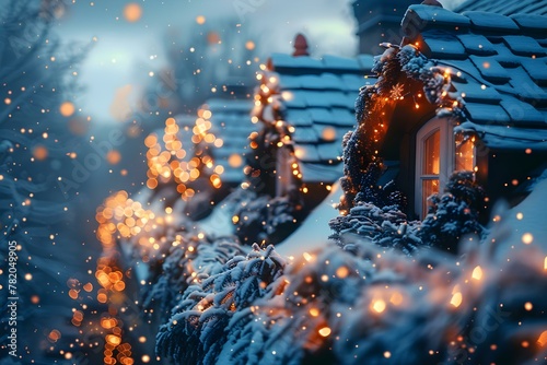 Enchanted Winter Evening: Snowy Roofs & Twinkling Lights. Concept Winter Wonderland, Magical Moments, Cozy Settings, Snowy Delights
