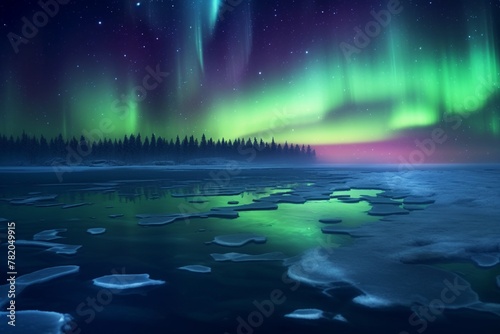Digital composition aurora borealis over a frozen lake GROUND ice with snow patches TIME midnight LIGHTING vibrant, natural aurora lights ,3DCG,high resulution,clean sharp focus