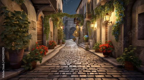 Digital panorama quaint cobblestone alley  flowers on balconies  GROUND weathered stones  TIME early evening  LIGHTING warm  inviting lamplight   3DCG high resulution clean sharp focus