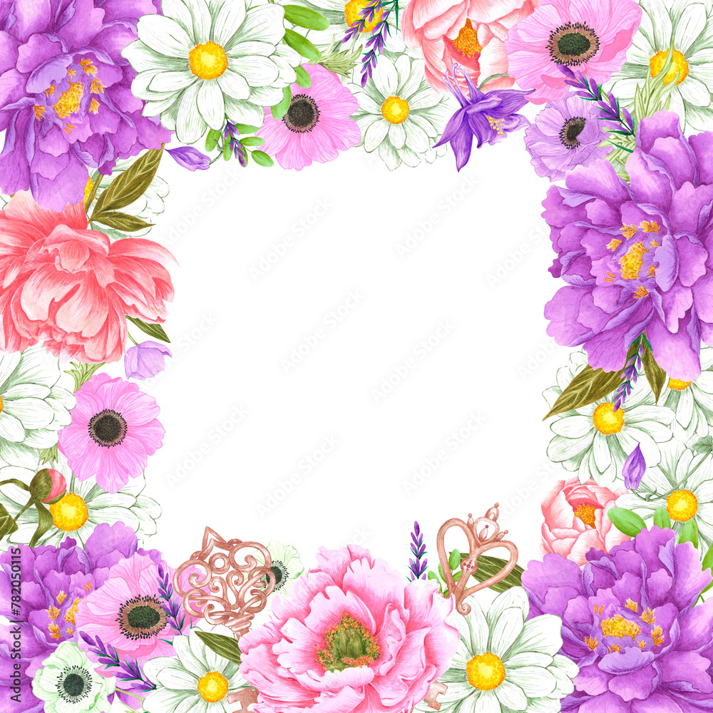 Hand drawn watercolor flowers with vintage keys frame border isolated on white background. Can be used for post card, label and other printed products.