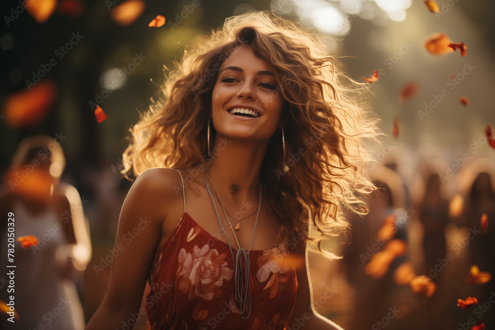 Happy smiling woman with long curly hair wearing summer dress dancing in sunset at music festival.	
