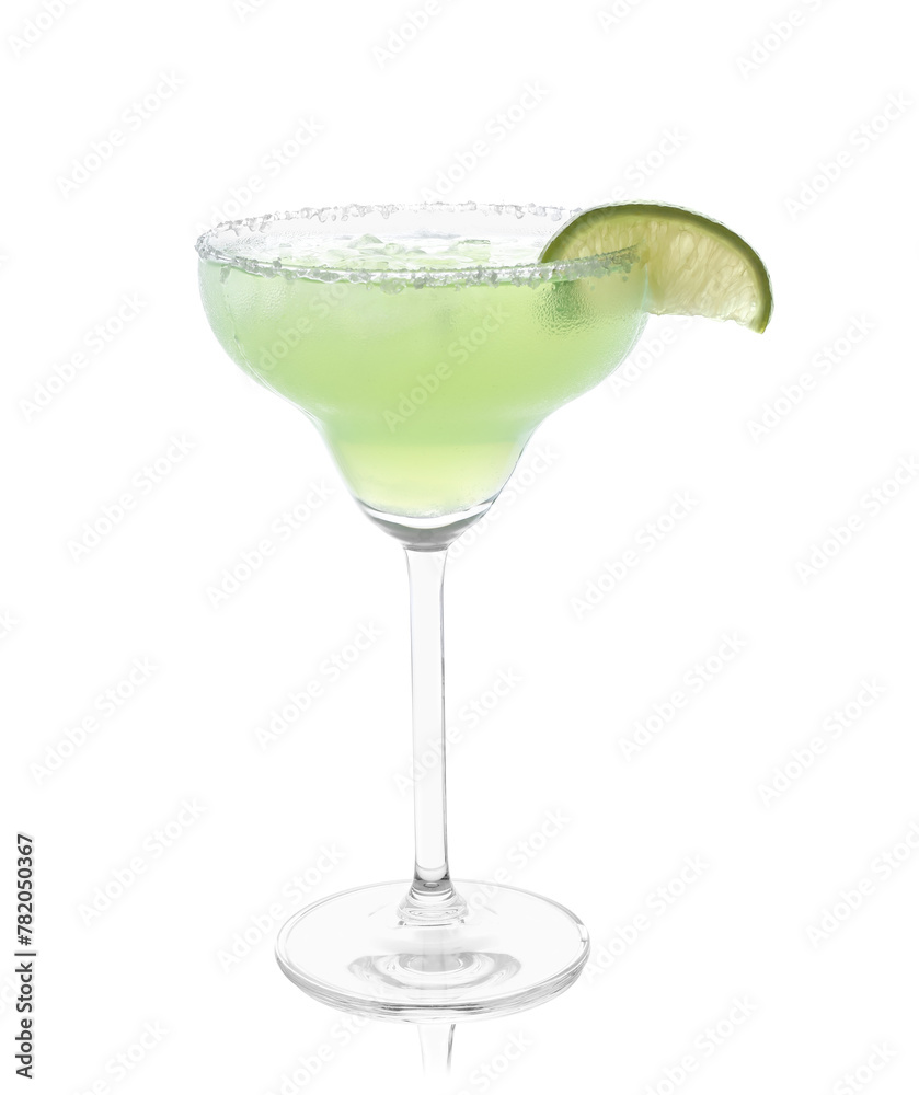 Delicious Margarita cocktail with ice cubes in glass, salt and lime isolated on white Delicious Margarita cocktail with ice cubes in glass, salt and lime isolated on white