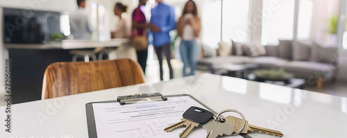 The key and the contract are on the table in the living room against the backdrop of a group of people. Concept of buying or renting house, consulting, real estate services of real estate agent