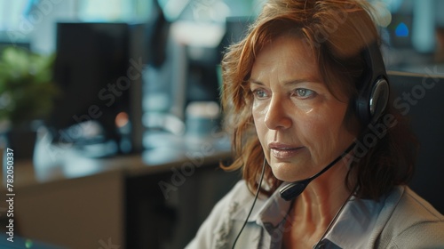 Middle aged mature woman in headphones working from call centre as customer support operator.