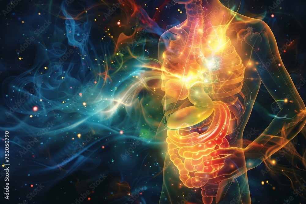 Fototapeta premium Image about the health benefits of probiotics with a beam of light emanating from a healthy intestinal tract Helps the body with vitality and well-being.