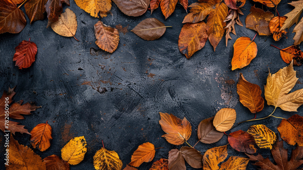 Autumn background with space for text copy space made from leaves in a circular composition on a dark gray grainy background Autumn background with space for text copy space made from leaves in a circular composition on a dark gray grainy background