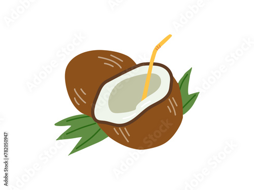 Cute hand drawn whole coconut and coconut with straw. Flat vector illustration isolated on white background.