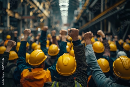 workers waving their fists and protesting.