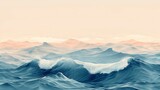 Minimalist depiction of ocean waves with muted color palette, evoking a sense of tranquility.