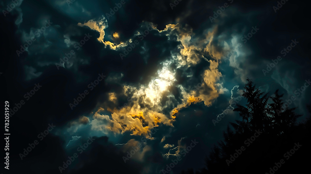 Cloudy in the night sky. Looking up from below, the darkness envelops everything, with the moonlight painting parts of the clouds in a soft luminescence