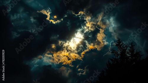 Cloudy in the night sky. Looking up from below  the darkness envelops everything  with the moonlight painting parts of the clouds in a soft luminescence