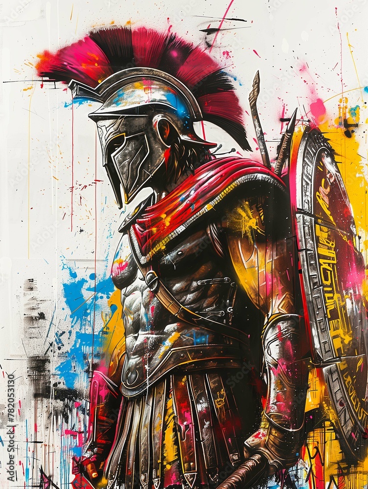 Greek warrior with wild style graffiti. The intricate and dynamic graffiti lettering covers all the surface, featuring bold tags, complex shapes, and bursts of contrasting colors.
