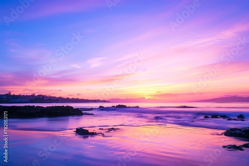 Beach at sunset with pink and purple clouds over the water