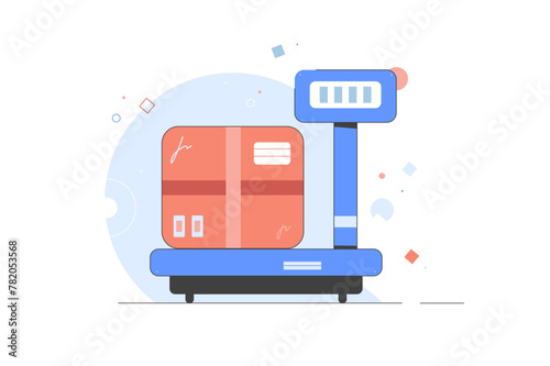 Industrial goods weight scales. Logistic and distribution, parcel package, cardboard box. Scale with box isolated on white. Flat vector illustration 