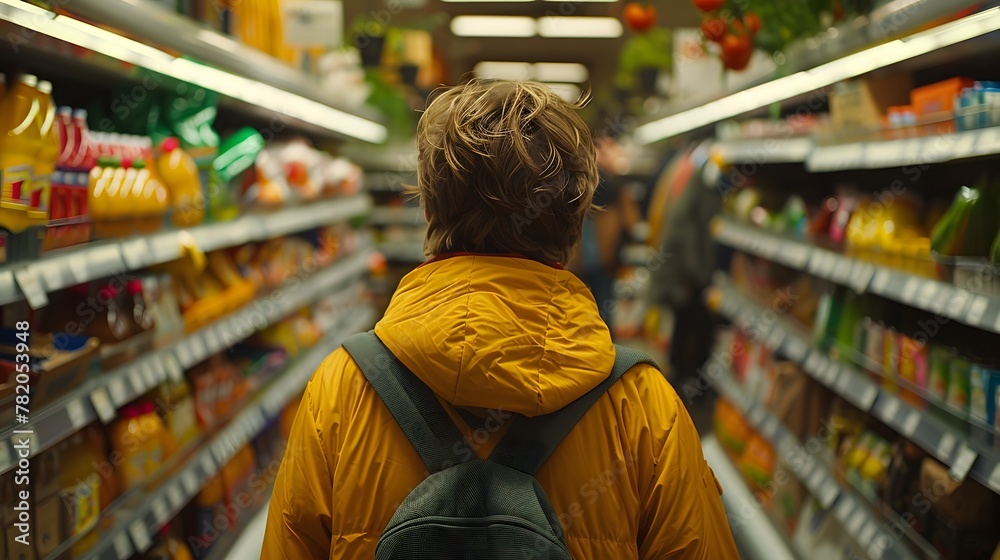 behind shot of Woman with groceries down a supermarket aisle
