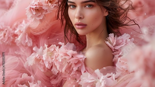 A beautiful woman in a spring dress smiles holding a bouquet of pink flowers