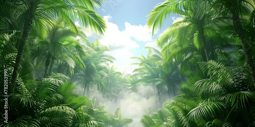 A lush green jungle with a clear blue sky. The trees are tall and the leaves are green