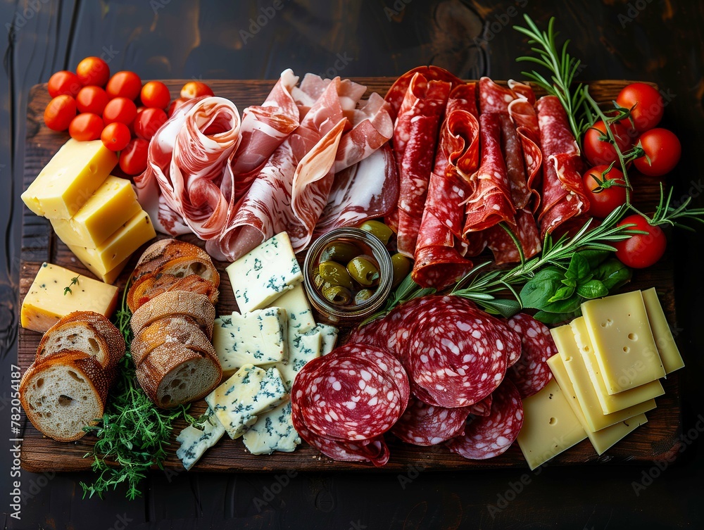 Delicious flat lay of a wooden board with many kinds of cheese, meat, and herbs