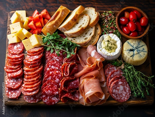 Delicious flat lay of a wooden board with many kinds of cheese, meat, and herbs
