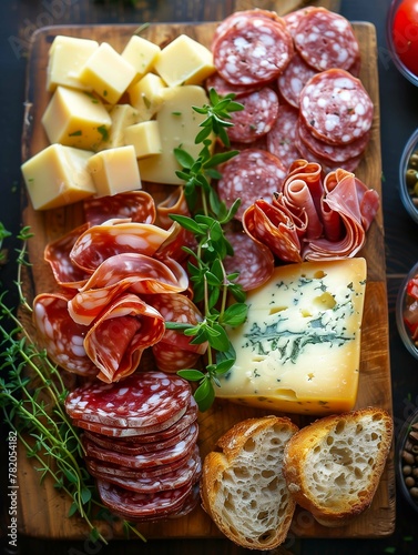 Delicious flat lay of a wooden board with many kinds of cheese, meat, and herbs