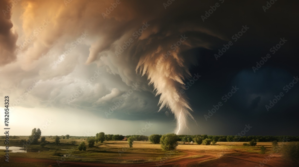 Obraz premium A twister touching down on ground with heavy cloud covering sky.