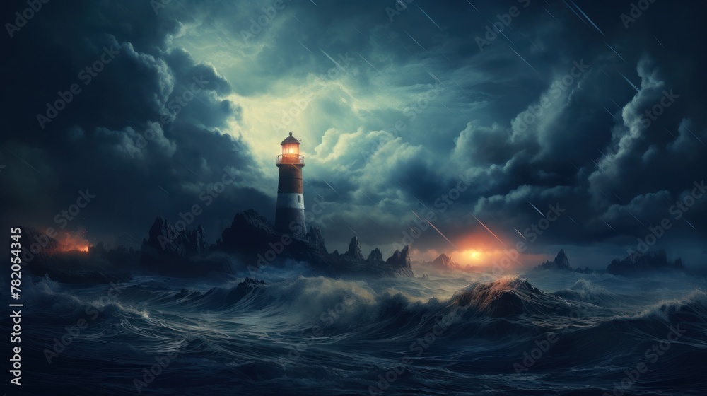 Lighthouse in a large thunder storm with high tide.