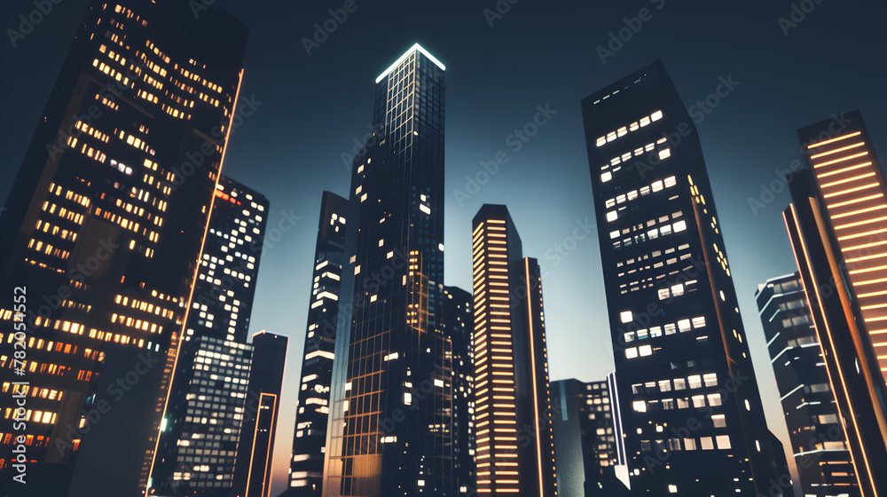 A futuristic city skyline with skyscrapers illuminated at night.


