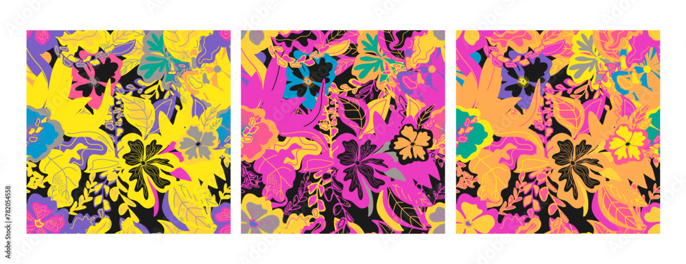 stylized flowers in flat style hand drawn vector seamless pattern. Set of three patterns, neon, pop art. stylized flowers in flat style hand drawn vector seamless pattern. Set of three patterns, neon, pop art.