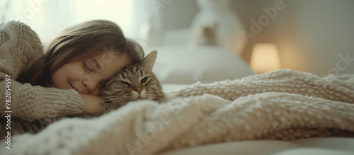 A little girl tenderly hugs her kitten and lies on the bed in the morning in a bright bedroom. Friendship concept between child and pet, copy space for text, banner 
