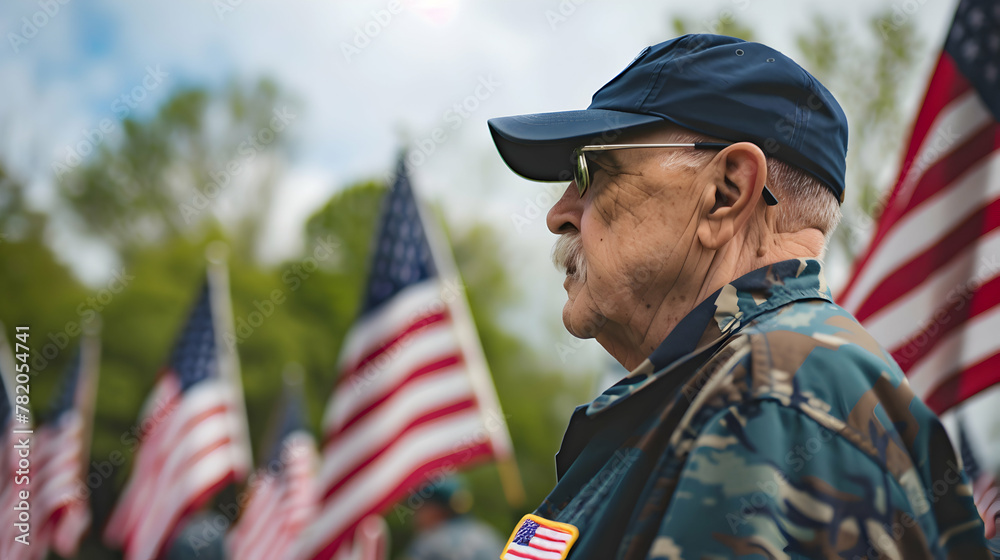 Photo of gerra veterans paying tribute to fallen soldiers on Memorial Day, standing in front of U.S. flags Photo of gerra veterans paying tribute to fallen soldiers on Memorial Day, standing in front of U.S. flags
