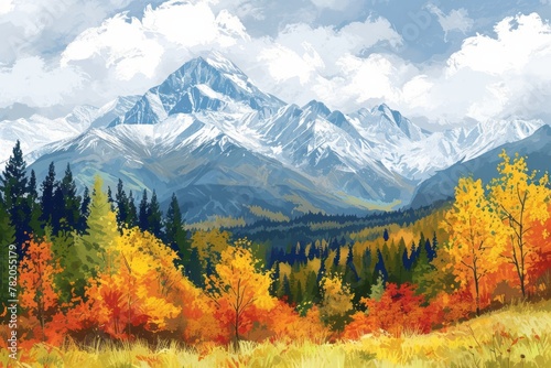 Autumn landscape of mountains, yellow trees, and sky. The concept for the development of tourism, mountaineering, skiing, rock climbing, excursions in the mountains. 