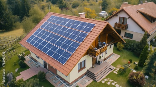 Installation of solar panels on a private house. Alternative electricity concept, future ecosystem technologies
