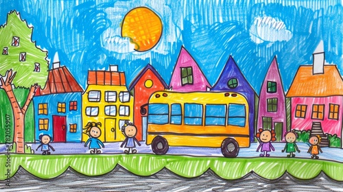 Child's School Scene Crayon Artwork with Bus
