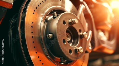 Car brake disc in a car repair shop. Auto service industry.