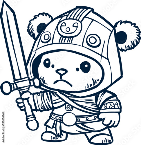 Power of the bear with fun and challenging coloring page of a mighty bear warrior in full armor, wielding a mighty sword cartoon vector illustration. This coloring page is perfect for kids of all ages