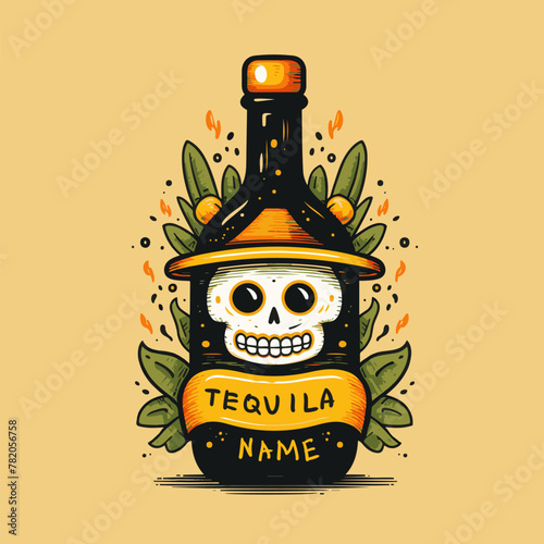Tequila Bottle with Smiling Skull Illustration. Logo of a decorative glass bottle shaped like a smiling skull. The bottle is filled with tequila. Perfect for promoting tequila brands, bars