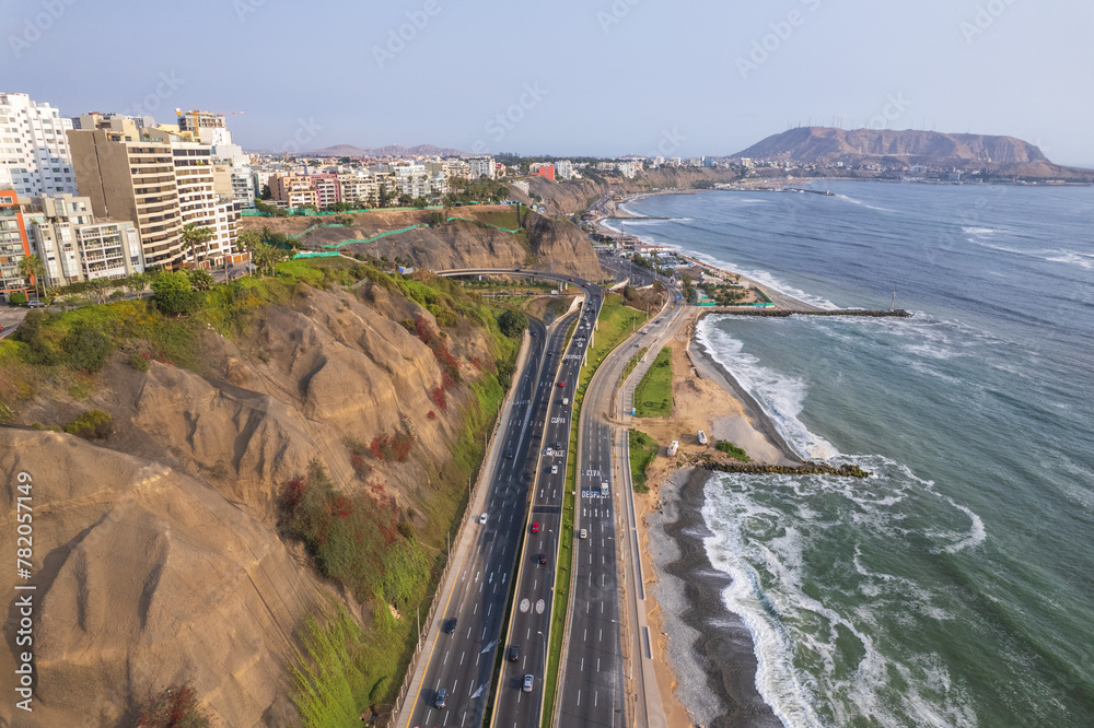 Aerial view of La Costa Verde and the Miraflores boardwalk in Lima