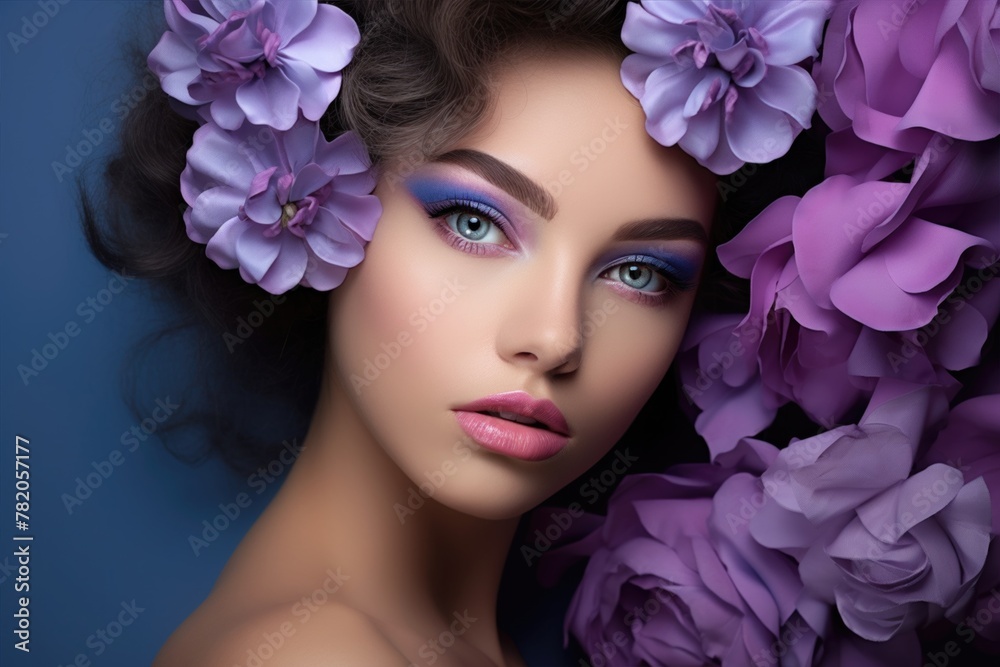 Pretty woman with bright makeup. Beautiful girl with flowers. Pretty woman with bright makeup. Beautiful girl with flowers.