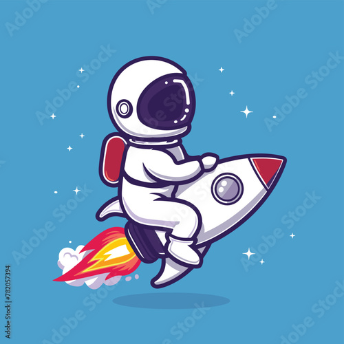 Astronaut on rocket flying in space cartoon illustration