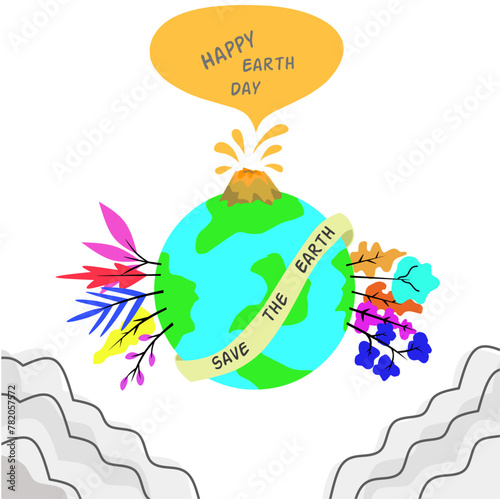 Happy earth day, earth planet globe with erupting volcano and trees, beautiful plants
