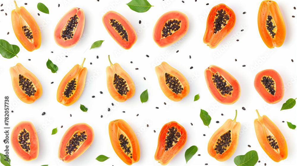 Top view of a set of papayas isolated on a white background, featuring both whole and halved papayas to showcase the vibrant orange flesh and the cluster of black seeds within. Top view of a set of papayas isolated on a white background, featuring both whole and halved papayas to showcase the vibrant orange flesh and the cluster of black seeds within.