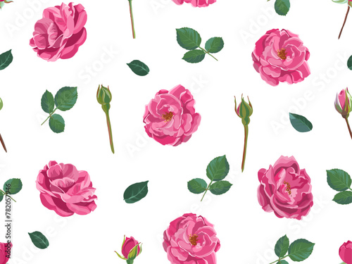 Fototapeta Naklejka Na Ścianę i Meble -  Roses or peonies, stems and leaves pattern print