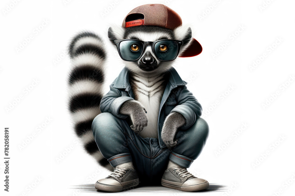 full body portrait lemur wear sunglasses and cap on a white background