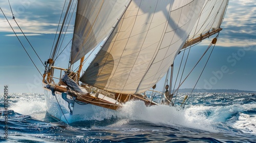 A sailboat moves swiftly through the ocean waters on a bright sunny day, showcasing the dynamic action of the vessel