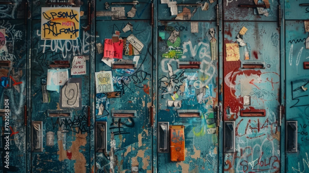 Closeup of a bunch of lockers covered in a variety of graffiti stickers and handwritten notes, showcasing a unique blend of individual expression