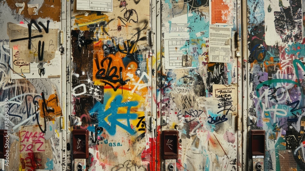 A wall covered in colorful graffiti next to a phone booth in an urban setting, showcasing a variety of street art and messages