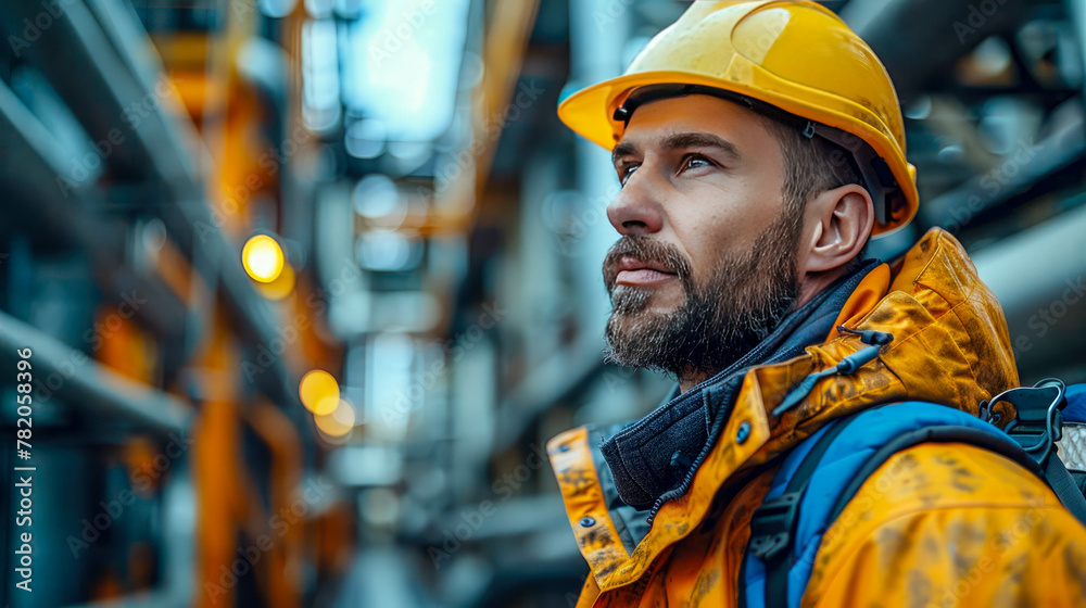 Worker wearing safety helmet on construction site. Selective focus Worker wearing safety helmet on construction site. Selective focus