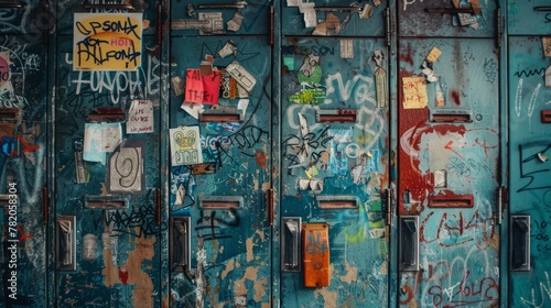 Closeup of a bunch of lockers covered in a variety of graffiti stickers and handwritten notes, showcasing a unique blend of individual expression photo