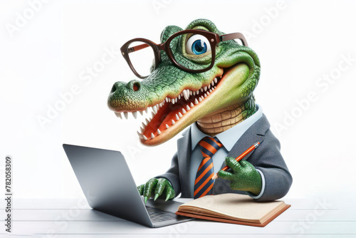 Alligator with glasses and a surprised look on her face is looking at a laptop on white background